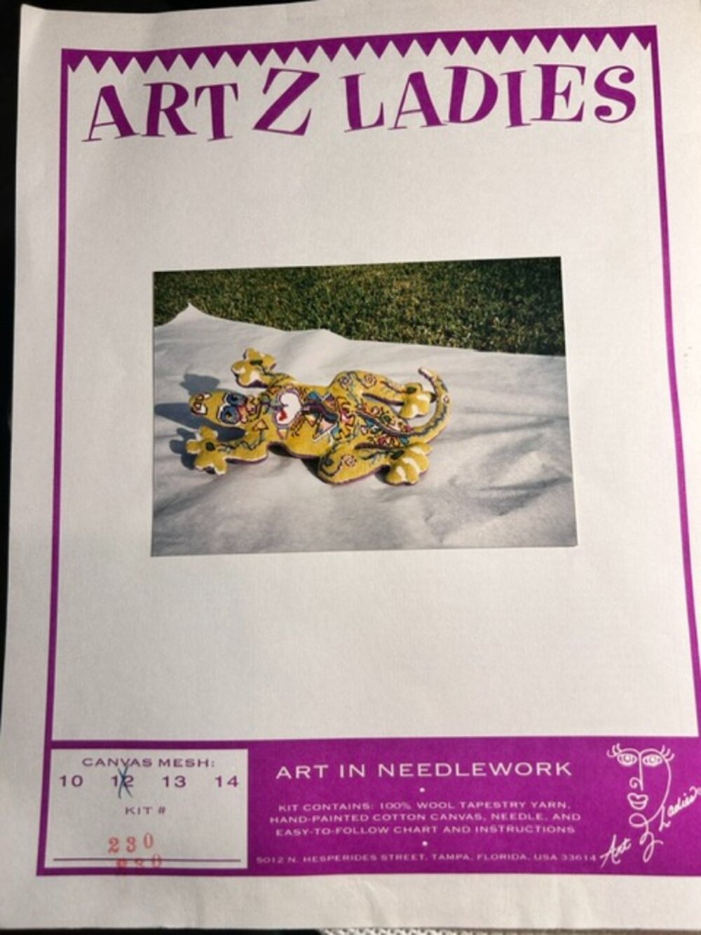 Vintage Art Z Ladies Lizard Needlepoint Canvas Kit | Hand Painted Gecko Pillow